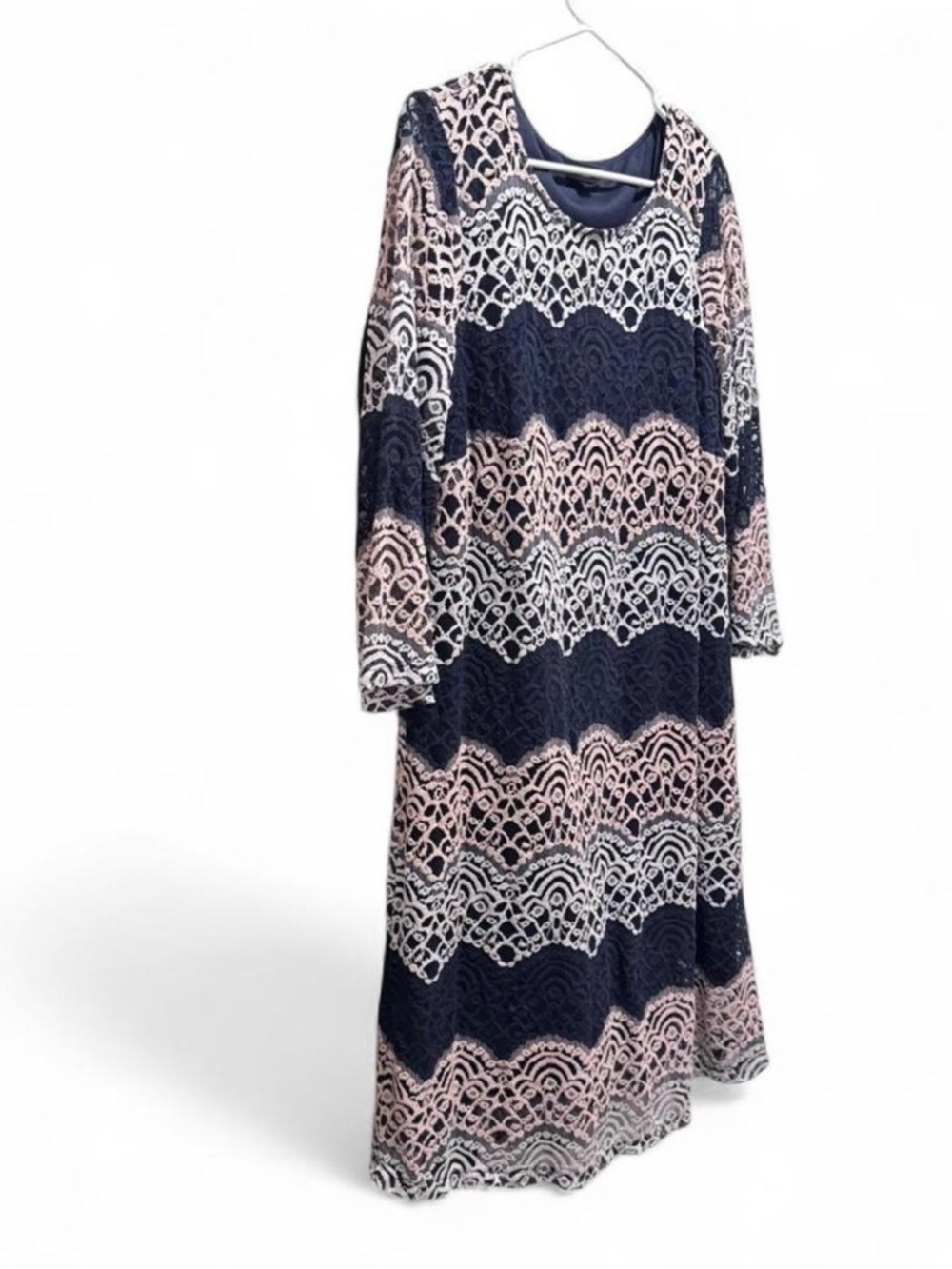 Tacera Navy, Light Pink & White Lace-Pattern Midi Dress - Picture 2 of 6
